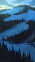 Rule 34 | artist name, atmospheric perspective, cabin, chimney, day, forest, landscape, mountainous horizon, nature, no humans, original, outdoors, painterly, scenery, signature, size difference, smoke, snow, sunrise, window light, zandra