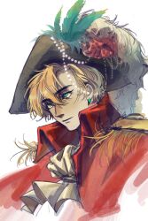 1boy ascot axis_powers_hetalia bicorne blonde_hair earrings epaulettes green_eyes hat hat_feather highres jacket jewelry male_focus red_jacket short_hair simple_background solo thick_eyebrows united_kingdom_(hetalia) upper_body white_background zhenshilehe
