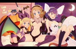 2boys 3girls all_fours animal_ears ash_ketchum ass bare_shoulders black_border black_socks blonde_hair blue_eyes blush bonnie_(pokemon) border breasts brown_hair character_doll chibi cleavage clemont_(pokemon) closed_mouth cosplay crescent_moon demon_girl detached_sleeves doll fake_animal_ears fake_horns fang gazing_eye gen_1_pokemon gen_6_pokemon glasses hairband halloween highres horns kneehighs leotard loli looking_at_viewer medium_breasts meowstic meowstic_(cosplay) meowstic_(female) miette_(pokemon) moon multiple_boys multiple_girls navel night night_sky nintendo noibat noibat_(cosplay) noivern noivern_(cosplay) opaque_glasses open_mouth panties parted_lips playboy_bunny pokemon pokemon_(anime) pokemon_xy_(anime) purple_hair purple_panties purple_sky purple_thighhighs red_eyes revealing_clothes serena_(pokemon) short_hair side_ponytail sitting sky smile socks spread_legs star_(sky) starry_sky thighhighs toeless_legwear tongue trick_or_treat underwear zubat