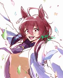 Rule 34 | 1girl, agnes tachyon (umamusume), ahoge, arm up, black necktie, breasts, brown hair, chemical structure, coat, confetti, crazy eyes, earrings, hair between eyes, highres, hosinoaku, huge ahoge, jewelry, lab coat, long sleeves, medium breasts, necktie, open clothes, open coat, red eyes, short hair, short necktie, simple background, single earring, solo, sweater, umamusume, white background, white coat, wide-eyed, yellow sweater