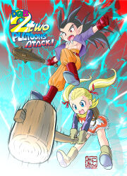 1boy 1girl antenna_hair artist_name backpack bag blonde_hair blue_eyes bone_necklace boots brown_gloves club club_(weapon) commentary_request copyright_name dragon_quest dragon_quest_builders_2 dress earrings english_text fangs female_builder_(dqb2) floating_clothes floating_hair fringe_trim gloves hair_pulled_back hair_ribbon hammer high-waist_pants highres holding holding_club holding_hammer holding_weapon hoop_earrings incoming_attack jewelry long_hair looking_down low_ponytail minion20201001 motion_lines neckerchief necklace open_clothes open_mouth open_shirt orange_pants pants pointy_ears ponytail purple_shirt red_eyes red_footwear red_gloves red_ribbon ribbon shirt shirt_under_dress sidoh_(dqb2) silver_earrings spiked_club spiked_hair tooth_necklace twintails weapon yellow_neckerchief