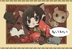 1girl :3 animal animal_collar animal_ears arms_up bell black_cat bob_cut brown_cat brown_eyes brown_hair cat cat_day cat_ears cat_girl cat_tail collar deformed floral_print floral_print_kimono furisode grey_cat inverted_bob japanese_clothes jumping kimono kinoshita_sakura long_sleeves looking_at_viewer neck_bell obi obiage obijime open_mouth print_kimono red_kimono sash short_hair sleeping smile tabby_cat tactics tail translated whiskers white_cat youko_(tactics) |_|