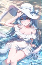 1girl absurdres beach blue_eyes blue_hair blue_nails breasts cleavage dress hat hatsune_miku highres ien_(to_yen) large_breasts long_hair nail_polish outdoors sand solo sun_hat sundress twintails very_long_hair vocaloid water white_dress white_hat