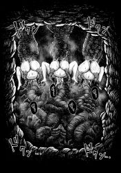 3girls alien anal breasts cum cum_in_pussy highres huge_breasts huge_penis monochrome multiple_girls nipple_penetration original penis pregnant slime_(substance) spread_legs sweat tentacle_pit tentacle_sex tentacles vaginal vore yuyu_(1bit)