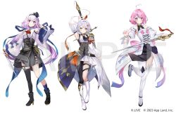 .live 3girls ahoge alicecoco arm_up asymmetrical_legwear black_dress blush breasts carro_pino commentary_request copyright_notice detached_sleeves dress earrings green_eyes grey_hair hair_between_eyes hair_ornament hairband hat heart heart_ahoge highres himaji_pane holding holding_weapon jewelry leg_up long_hair looking_at_viewer low_twintails mini_hat mini_top_hat multiple_girls pink_hair purple_eyes purple_hair sample_watermark sharaku_setsuna short_hair simple_background single_thighhigh small_breasts smile thighhighs top_hat twintails virtual_youtuber watermark weapon white_background white_dress white_thighhighs x_hair_ornament