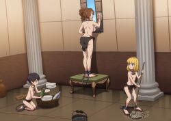 1boy 2girls absurdres ass back backboob barefoot bdsm black_hair blonde_hair blue_eyes bondage bound breasts brown_hair bucket bucket_of_water cleaning collar commission commissioner_upload cuffs dishes flat_chest functionally_nude highres indoors kneeling large_breasts loincloth loli looking_back mop multiple_girls nipples original pillar ponytail purple_eyes shackles short_hair shota slave standing tattoo_on_neck the_dark_mangaka topless_female