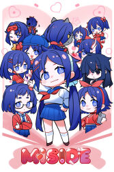 2d_mita_(miside) 6+girls animal_ears bad_source black_eyes blue_eyes blue_hair blue_hat blue_skirt blush bow bow_choker bow_hairband cat_ears chibi chibi_mita_(miside) choker closed_mouth cool_mita_(miside) core_mita_(miside) crazy_mita_(miside) creepy_mita_(miside) crossed_arms english_text everyone facing_viewer hairband hand_on_own_hip hand_up hat heart highres holding holding_phone horns kind_mita_(miside) long_hair looking_at_viewer looking_back mila_(miside) miside mita_(miside) multiple_girls official_art one_eye_closed open_mouth phone pleated_skirt purple_hair red_hairband red_shirt round_eyewear shirt short-haired_mita_(miside) skirt sleepy_mita_(miside) smile socks standing tiny_mita_(miside) twintails white_shirt white_socks yellow_eyes