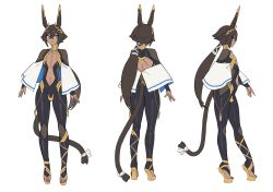 Rule 34 | 1boy, animal ears, anu (virgilzsz), blue eyes, brown hair, cat tail, full body, highres, jackal boy, long hair, male focus, mokotoko9, multiple views, navel, original, ponytail, reference sheet, tail, trap