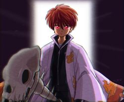 Rule 34 | 1boy, :&lt;, animal skull, backlighting, black jacket, black pants, black track suit, doorway, flame print, full-length zipper, haori, highres, holding, holding scythe, jacket, japanese clothes, kyoukai no rinne, light rays, long coat, long sleeves, looking at viewer, male focus, pants, pink eyes, red hair, rokudou rinne, school uniform, scythe, skull, track jacket, track pants, track suit, wanta (futoshi), white haori, white undershirt, wide sleeves, zipper, zipper pull tab