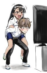 Rule 34 | +++, 1boy, 1girl, 774 (nanashi), :d, black hair, black pants, blue skirt, brown eyes, brown hair, carrying, closed mouth, collared shirt, fang, full body, hachiouji naoto, highres, ijiranaide nagatoro-san, long hair, long sleeves, nagatoro hayase, official art, open mouth, pants, piggyback, pleated skirt, school uniform, shirt, short hair, simple background, skin fang, skirt, smile, tan, television, white background, white shirt
