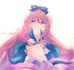 Rule 34 | 1girl, bad id, bad source, bad tumblr id, blonde hair, blue bow, blue capelet, blue eyes, bow, bowtie, braid, capelet, collared capelet, floating hair, hair between eyes, hair bow, hand on hand, hands on own chest, harpae, high collar, highres, kuzudon, lips, long hair, long sleeves, open mouth, own hands together, pink lips, pocket mirror, shirt, simple background, smile, solo, striped bow, teeth, twin braids, upper body, very long hair, white background, white bow, white bowtie, white shirt
