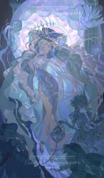 Rule 34 | 4girls, arms up, artist name, blue theme, bonnet, breasts, column, commentary, commission, crown, dress, english text, flower, full body, gloves, hair ornament, hat, highres, jellyfish, jewelry, long hair, medium breasts, multiple girls, original, pillar, puffy sleeves, shoes, side slit, socks, souly, very long hair, white hair