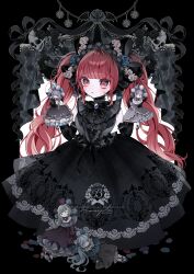 1girl absurdres black_background black_bow black_dress black_ribbon blue_flower blue_rose blunt_bangs bow brooch commentary_request curtains demon_wings doll dress floral_print flower gothic_lolita hair_bow hand_puppet hands_up highres jewelry lolita_fashion long_hair looking_at_viewer mii_(ff96zgrckhox) original puppet red_eyes red_hair ribbon rose skull solo standing twintails white_flower white_rose wings
