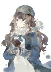 1girl absurdres blue_coat blue_eyes blue_neckerchief brown_gloves brown_hair closed_mouth coat dress ein_(einnnn) faux_traditional_media gloves grey_hat hands_up hat highres long_hair looking_at_viewer marcus_(reverse:1999) neckerchief newsboy_cap own_hands_together paper_texture reverse:1999 scarf solo upper_body watercolor_effect white_background white_dress white_scarf
