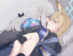 2girls animal_ears black_gloves black_jacket blonde_hair blue_archive blue_eyes blue_shirt blush closed_eyes commentary_request dog_ears gloves grey_hair gurenola halo hand_on_another&#039;s_thigh jacket kanna_(blue_archive) konoka_(blue_archive) long_hair long_sleeves multiple_girls on_bed sharp_teeth shirt smile sweatdrop teeth yuri