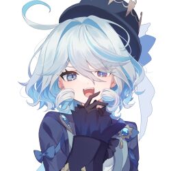 1girl antenna_hair ascot black_gloves blue_ascot blue_bow blue_brooch blue_coat blue_eyes blue_hair blue_hat bow bright_pupils coat coat_bow commentary dot_nose furina_(genshin_impact) furrowed_brow genshin_impact gloves hair_intakes hand_up hat heterochromia highres light_blue_hair long_hair long_sleeves looking_at_viewer mismatched_pupils mochizuki_mochi multicolored_hair ojou-sama_pose open_clothes open_coat open_mouth shirt short_shorts shorts simple_background smile smug solo teeth top_hat two-tone_hair upper_body upper_teeth_only v-shaped_eyebrows very_long_hair wavy_hair wavy_mouth white_background white_gloves white_pupils white_shirt white_shorts