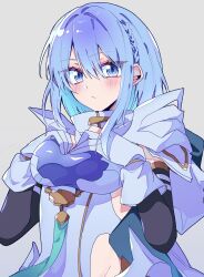 1girl absurdres armor bare_shoulders black_sleeves blue_eyes blue_hair bodysuit breasts detached_sleeves dreizehn_(shadowverse) gloves grey_background hand_on_own_chest highres large_breasts looking_at_viewer medium_hair shadowverse shadowverse:_worlds_beyond shoulder_armor simple_background solo torino_hina555 upper_body white_bodysuit white_gloves