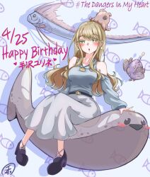 1girl :o anglerfish bare_shoulders black_shoes blonde_hair blue_shirt blush boku_no_kokoro_no_yabai_yatsu character_name clothing_cutout collarbone copyright_name dated earrings eel fish floating_earring full_body green_eyes hanzawa_yurine happy_birthday high_heels jewelry long_hair long_skirt long_sleeves looking_at_viewer nogitarou octopus sacabambaspis shirt shoes shoulder_cutout signature sitting skirt solo white_skirt