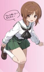 1girl absurdres blush brown_eyes brown_shoes commentary_request girls_und_panzer green_neckerchief green_skirt highres loafers long_sleeves looking_at_viewer miniskirt neckerchief nishizumi_miho ooarai_school_uniform open_mouth pleated_skirt school_uniform shirt shoes short_hair skirt smile solo speech_bubble standing standing_on_one_leg translation_request white_shirt zaofeng