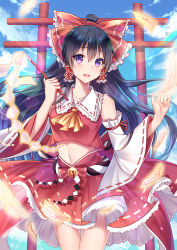 1girl alternate_eye_color ascot bare_shoulders bell black_hair blue_sky blush bow cloud cloudy_sky collarbone collared_shirt cowboy_shot crop_top day detached_sleeves dress eyebrows eyelashes female_focus frilled_shirt_collar frilled_skirt frills gohei hair_between_eyes hair_bow hair_ornament hair_tubes hakurei_reimu hands_up highres holding jingle_bell long_hair looking_at_viewer midriff navel ofuda open_mouth ponytail purple_eyes red_dress red_shirt red_skirt ribbon ribbon-trimmed_collar ribbon-trimmed_sleeves ribbon_trim rope sannio sash shirt sidelocks skirt skirt_set sky sleeveless sleeveless_shirt smile solo torii touhou very_long_hair wide_sleeves