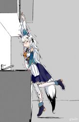 &gt;_&lt; 1girl :&lt; absurdres ahoge animal_ear_fluff animal_ears apron arm_support arm_up balancing black_bow blue_skirt blue_sleeves blush boots bow breasts cabinet center_frills closed_eyes closed_mouth commentary detached_sleeves fold-over_boots foot_up fox_ears fox_girl fox_tail frills from_side hair_ribbon highres hololive kitchen lace-up_boots layered_skirt long_hair long_sidelocks medium_breasts official_alternate_costume one_side_up pantyhose reaching ribbon shanghai_neckline shirakami_fubuki shirakami_fubuki_(8th_costume) shirt sidelocks sink skirt sleeveless sleeveless_shirt solo standing standing_on_one_leg swept_bangs tail tiptoes torokko trembling twitter_username virtual_youtuber white_apron white_hair white_pantyhose white_shirt white_tail wide_sleeves