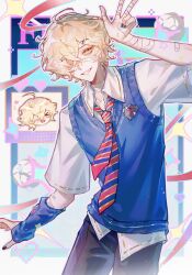 1boy absurdres aegyo_sal arm_warmers badge bandage_over_one_eye bandaged_fingers bandaged_neck bandaged_wrist bandages bandaid bandaid_on_arm bandaid_on_neck black_nails black_pants blonde_hair blue_arm_warmers blue_background blue_necktie blue_pants blue_sweater_vest border character_name chibi chibi_inset chinese_commentary closed_mouth collared_shirt cowboy_shot cowlick diagonal-striped_clothes diagonal-striped_necktie earrings facial_mark florian_brand grin hair_ornament hair_over_one_eye hairclip hand_up heart heart_facial_mark highres identity_v jewelry light_blush looking_at_viewer male_focus nail_polish necktie outline outside_border pants pixel_heart red_necktie red_ribbon ribbon school_uniform shirt short_hair short_sleeves single_arm_warmer smile solo sparkle standing striped_clothes stud_earrings sweater_vest untucked_shirt w wavy_hair white_border white_outline white_shirt yellow_eyes zhumojian