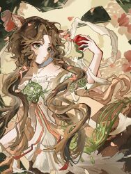 1girl :o absurdres animal_ears apple brown_hair centaur deer_ears deer_girl dress flower food fruit green_eyes hair_ribbon hand_up highres holding holding_food holding_fruit jessica_(reverse:1999) long_hair looking_at_food official_alternate_costume pink_dress pink_flower pink_ribbon reverse:1999 ribbon san_sui_dingshang_ya solo taur turning_head upper_body very_long_hair