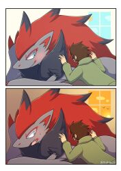 1boy 1other absurdly_long_hair absurdres animal_ears animal_hands before_and_after black_fur black_hair blue_eyes blush claws day evening from_side fuai_(rocking_jjj) gen_5_pokemon grey_fur highres light_smile long_hair looking_at_another low-tied_long_hair lying multicolored_hair nintendo on_stomach open_mouth pokemon pokemon_(creature) red_hair simple_background sweat time_lapse two-tone_fur two-tone_hair very_long_hair zoroark