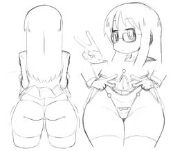 1girl ass ass_focus buttons closed_mouth expressionless glasses greyscale jitome long_hair looking_at_viewer mad_mex minakami_mai monochrome motion_lines multiple_views nichijou panties school_uniform sketch skindentation skirt solo thighhighs tokisadame_school_uniform underwear v