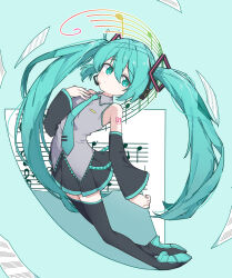 Rule 34 | 1girl, absurdres, aqua hair, black boots, boots, closed mouth, full body, grey shirt, hatsune miku, highres, long hair, mibashi (hash1 bam1), musical note, sheet music, shirt, solo, thigh boots, twintails, very long hair, vocaloid