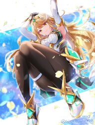 1girl back-seamed_legwear bare_shoulders black_pantyhose blonde_hair breasts chest_jewel dress earrings elbow_gloves gloves highres jewelry large_breasts long_hair looking_at_viewer microdress mythra_(massive_melee)_(xenoblade) mythra_(xenoblade) nintendo pantyhose seamed_legwear solo super_smash_bros. swept_bangs thigh_strap tiara ui_frara very_long_hair white_dress white_gloves xenoblade_chronicles_(series) xenoblade_chronicles_2 yellow_eyes