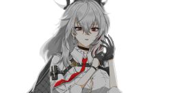 1girl absurdres adjusting_clothes adjusting_gloves arm_pouch black_choker black_gloves black_horns black_jacket black_pouch breasts button_gap chest_harness choker collared_shirt commentary curled_horns earrings gloves grey_hair gwaksunpal hair_between_eyes harness highres horns jacket jacket_on_shoulders jewelry key_earrings large_breasts long_hair looking_at_viewer mole mole_under_eye multicolored_hair necktie parted_lips red_eyes red_necktie shirt solo streaked_hair upper_body white_shirt wuthering_waves zani_(wuthering_waves)