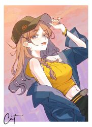 1girl absurdres bang_dream! bang_dream!_it&#039;s_mygo!!!!! baseball_cap black_hat blue_eyes blue_jacket blue_nails border braid breasts chinese_commentary commentary_request ear_piercing earclip hat highres hood hood_down hoodie huaxue_maomi jacket linea_alba long_hair long_sleeves looking_at_viewer medium_breasts midriff nagasaki_soyo nail_polish navel piercing side_braids sleeveless sleeveless_hoodie solo tongue tongue_out white_border yellow_hoodie