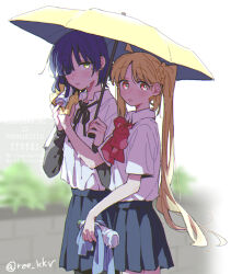 2girls ahoge blonde_hair blue_hair blush bocchi_the_rock! bottle brick_wall bush hair_ornament hairclip holding holding_umbrella ijichi_nijika looking_at_viewer multiple_girls red_eyes ree_(re-19) school_uniform shimokitazawa_high_school_uniform short_hair side_ponytail sweat twitter_username umbrella under_umbrella water_bottle white_background yamada_ryo yellow_eyes yuri