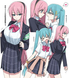 &gt;_&lt; 2girls absurdres armband bad_id black_hairband black_jacket blue_eyes blue_hair blush bow bowtie breasts brown_cardigan cardigan cardigan_around_waist channel_(caststation) cheek_pull clothes_around_waist collared_shirt commentary cowboy_shot diagonal-striped_bow diagonal-striped_bowtie diagonal-striped_clothes duplicate face-to-face fang green_armband hair_ornament hairband hairclip hatsune_miku heart highres jacket lapels large_breasts long_hair looking_at_viewer megurine_luka multiple_girls multiple_views notched_lapels open_mouth pink_bow pink_bowtie pink_hair pixel-perfect_duplicate profile scrunchie shirt simple_background skirt smile speech_bubble spoken_heart standing striped_clothes sweat tented_shirt translation_request triple_ryuunen twintails upper_body very_long_hair vocaloid white_background wing_collar wrist_scrunchie yellow_scrunchie