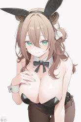 1girl :&gt; alternate_hair_length alternate_hairstyle animal_ear_hairband animal_ears bare_shoulders black_bow black_bowtie black_leotard bow bowtie breasts brown_hair cleavage closed_mouth covered_navel detached_collar deyui fake_animal_ears fishnet_pantyhose fishnets green_eyes green_nails hair_between_eyes hair_bow hair_rings hairband hand_on_own_chest hand_up highleg highleg_leotard highres indie_virtual_youtuber large_breasts leaning_forward leotard long_hair looking_at_viewer nail_polish nimi_nightmare one_side_up pantyhose playboy_bunny rabbit_ear_hairband rabbit_ears side-tie_leotard sidelocks simple_background single_hair_ring smile solo strapless strapless_leotard tapir_ears tapir_girl thigh_gap virtual_youtuber white_background wrist_cuffs