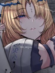 blonde_hair blue_eyes breasts cleavage crown crown_of_thorns fleurdelys_(wuthering_waves) highres horns huge_breasts lipstick looking_at_viewer makeup seijin-san tacet_mark_(wuthering_waves) wuthering_waves
