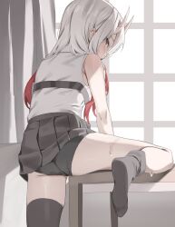 1girl absurdres ass black_panties black_thighhighs feet highres hololive horns indoors leg_lift long_hair looking_back multicolored_hair nakiri_ayame oni panties red_eyes red_hair scarlet_(wv0102) skin-covered_horns solo sweat thighhighs underwear virtual_youtuber white_hair window