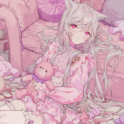 1girl ahoge animal_ears blush cat_ears closed_mouth couch dress frilled_dress frills grey_hair highres holding holding_stuffed_toy indoors long_hair looking_at_viewer original pink_dress purple_eyes sitting solo stuffed_animal stuffed_toy thigh_strap very_long_hair yutsumoe