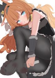 1girl ahoge animal_ear_fluff animal_ears bare_shoulders black_dress black_hairband blue_archive blue_eyes blush brown_hair cat_ears dress fox_ears fox_tail hair_ornament hairband highres long_hair looking_at_viewer mari_(blue_archive) muaa_(muamua231) no_shoes pantyhose parted_lips ribbon shirt sleeveless sleeveless_shirt solo tail very_long_hair white_background
