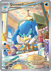 Rule 34 | artist name, blue eyes, blue sky, card (medium), ceiling, character name, closed mouth, cloud, company name, copyright name, copyright notice, cupboard, day, english text, faucet, flower, gunjima souichirou, hair brush, hands on own head, hanging light, hanging plant, indoors, nintendo, official art, plant, pokemon, pokemon (creature), pokemon card, pokemon focus, pokemon tcg, potted plant, purple flower, quaxly, quaxwell, sky, solo, sparkle, third-party source, toothbrush, trading card, water drop, window