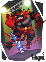 1boy artist_name bulge claws colored_sclera creatures_(company) english_text fangs furry furry_male game_freak gen_7_pokemon green_eyes incineroar male_focus middle_finger nintendo pokemon pokemon_(creature) pokemon_sm profanity spotlight tiger tiger.cake.g wrestler wrestling_ring yellow_sclera