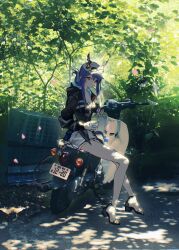 1girl absurdres arknights baseball_cap black_footwear black_jacket blue_hair breasts cameo ch&#039;en_(arknights) ch&#039;en_the_holungday_(arknights) character_name charm_(object) cleavage commentary_request dragon_girl dragon_horns dragon_tail eyewear_on_headwear food full_body fur-tipped_tail hat highres holding holding_food hood hood_down hooded_jacket horns horns_through_headwear jacket license_plate long_hair matsuoka_(mtok_0) medium_breasts motor_vehicle official_alternate_costume on_scooter outdoors red_eyes sandals scooter sidelocks sunglasses tail talulah_(arknights) utensil_in_mouth white_headwear