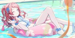 Rule 34 | 1girl, ;), afloat, ankle ribbon, ball, barefoot, bikini, blue eyes, blue hairband, blue neckerchief, blue necktie, blue ribbon, blue sailor collar, blurry, blurry foreground, blush, breasts, closed mouth, earrings, gakuen idolmaster, hair ribbon, hairband, hanami saki, heart, heart-shaped eyewear, holding, holding removed eyewear, idolmaster, innertube, jewelry, leg ribbon, long hair, looking at viewer, medium breasts, navel, neckerchief, necktie, ningen mame, one eye closed, partially submerged, pink-tinted eyewear, pink hair, pool, red hair, ribbon, sailor bikini, sailor collar, sailor swimsuit (idolmaster), scrunchie, signature, smile, solo, sunglasses, swim ring, swimsuit, tinted eyewear, unworn eyewear, water, white bikini, wrist scrunchie