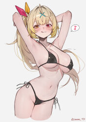 1girl :q absurdres alternate_costume armpits arms_behind_head arms_up artist_name bikini black_bikini blonde_hair blush breasts cleavage commentary_request covered_erect_nipples hair_intakes hair_ornament heterochromia highres hoshikawa_sara large_breasts long_hair looking_at_viewer musical_note nijisanji red_eyes side-tie_bikini_bottom side_ponytail simple_background solo sooon spoken_musical_note swimsuit thighs tongue tongue_out virtual_youtuber white_background x_hair_ornament yellow_eyes