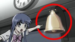 1girl :o absurdres bags_under_eyes blue_hair blunt_bangs bow bowtie circle clock close-up commentary door english_commentary furude_rika highres higurashi_no_naku_koro_ni long_hair looking_at_viewer meme navigazer pink_bow pink_bowtie pointing purple_eyes school_uniform shirt short_sleeves skirt solo st._lucia_academy_school_uniform suspender_skirt suspenders two_soyjaks_pointing_(meme) upper_body white_shirt