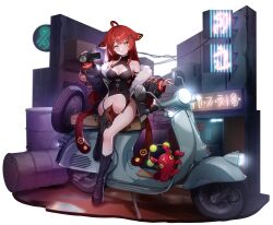 1girl absurdres ahoge bare_legs bare_shoulders black_boots black_dress black_jacket blunt_bangs blush boots breasts building china_dress chinese_clothes cleavage cleavage_cutout clothing_cutout dress drum_(container) eversoul full_body fur_trim game_cg green_hair hair_ornament highres jacket leg_ribbon leg_up long_sleeves looking_at_viewer medium_breasts motor_vehicle neon_lights octopus official_alternate_costume official_alternate_hair_color official_art on_scooter onyx_(eversoul) open_clothes open_jacket panties puffy_long_sleeves puffy_sleeves red_hair ribbon scooter side_slit sitting sleeves_past_wrists smile solo sparkling_eyes squid_girl string_panties sukajan tachi-e tentacle_hair thigh_strap transparent_background underwear wheel x_hair_ornament