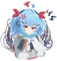 1girl absurdres anger_vein angry blue_gloves blue_hair blush_stickers bow closed_mouth colphne_(girls&#039;_frontline_2) commentary cropped_torso english_commentary girls&#039;_frontline girls&#039;_frontline_2:_exilium gloves hair_bow hair_ornament hairpin hands_on_own_face highres jacket looking_at_viewer patanda red_bow red_eyes scribble short_hair simple_background solo white_background white_jacket