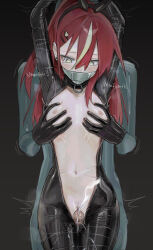 1girl absurdres arms_up bodysuit bound bound_arms bound_legs breasts center_opening collar cum gag gagged gloves grabbing_another&#039;s_breast groping headband highres improvised_gag latex latex_bodysuit latex_gloves long_hair looking_down navel nipples original penis ponytail pussy red_hair restrained saaal653 shibari shibari_over_clothes skin_tight skindentation small_breasts stomach tape tape_gag thigh_sex yellow_eyes