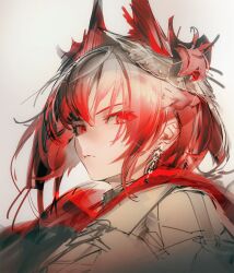 1girl arknights cloak earrings feather_hair_ornament feathers fiammetta_(arknights) hair_ornament highres jewelry looking_at_viewer red_cloak red_eyes red_hair yyb